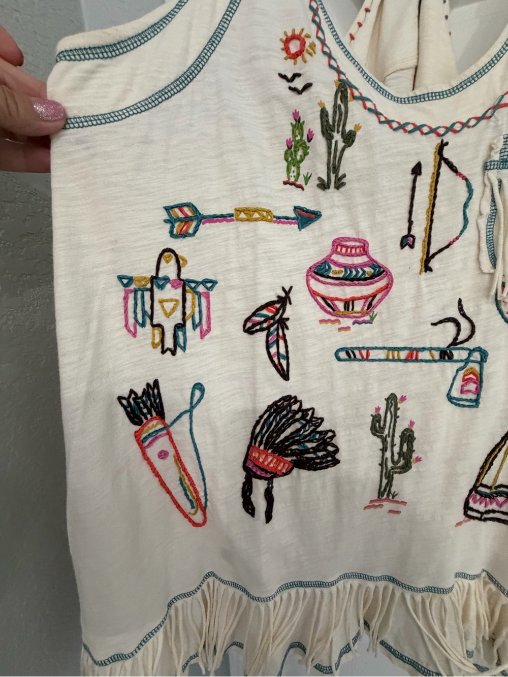 Double D Ranch Cream Embroidered Fringe Tank with Multicolor Southwest Motifs - Picture 5 of 8